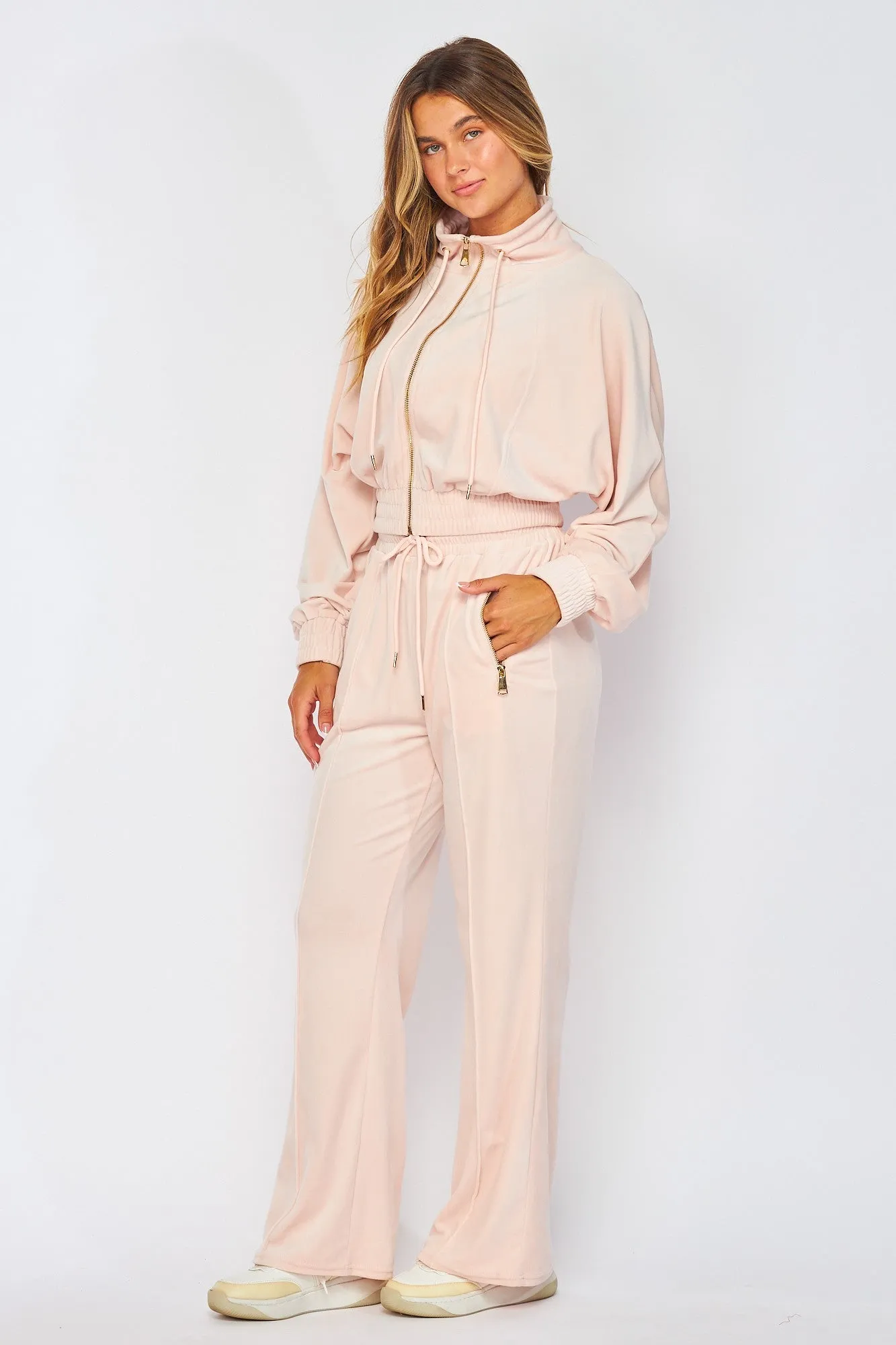 Dusty Pink Velour Funnel Neck Jacket Zip Up Pants Set