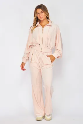 Dusty Pink Velour Funnel Neck Jacket Zip Up Pants Set