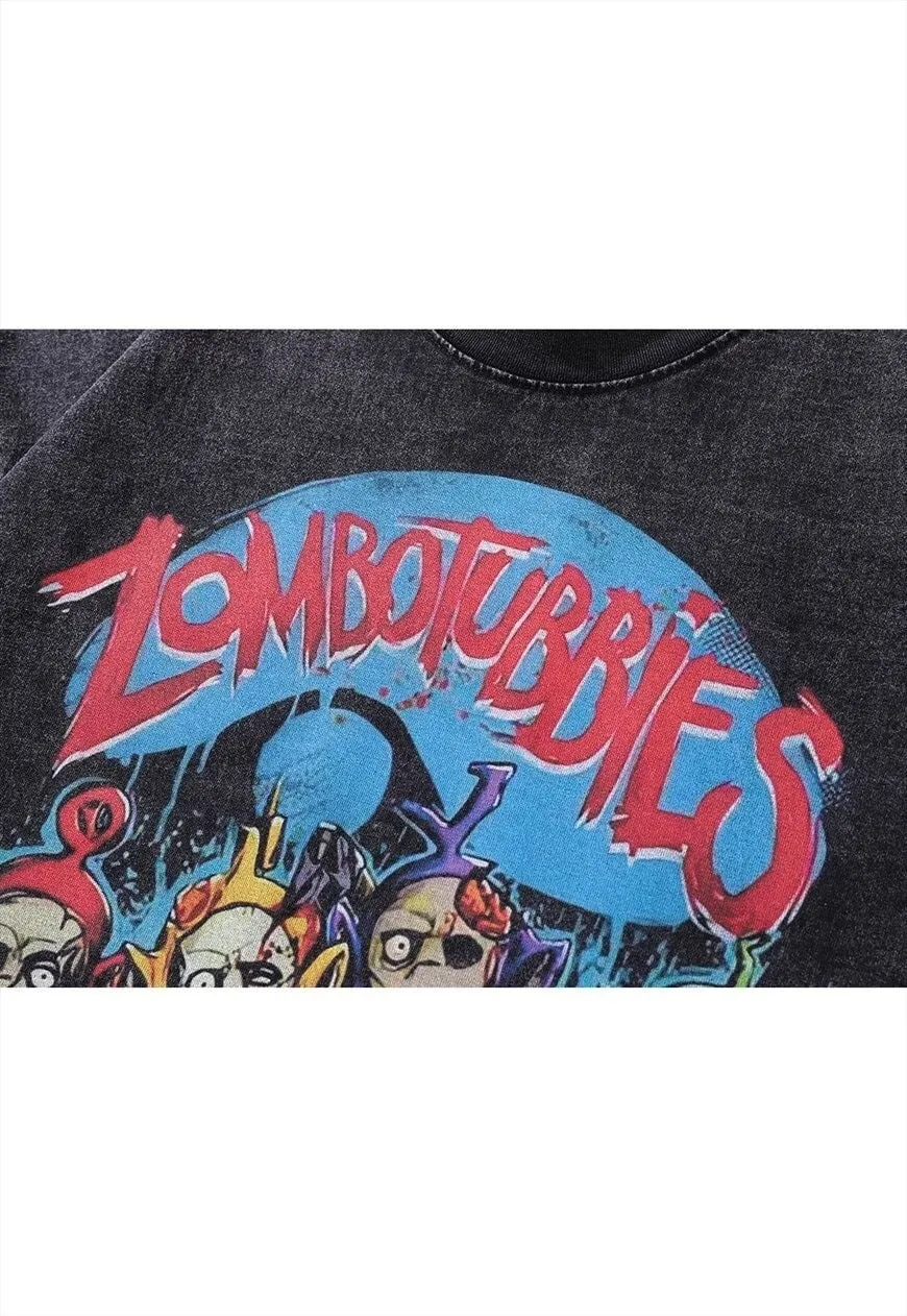 Horror cartoon t-shirt vintage wash Teletubbies top in grey