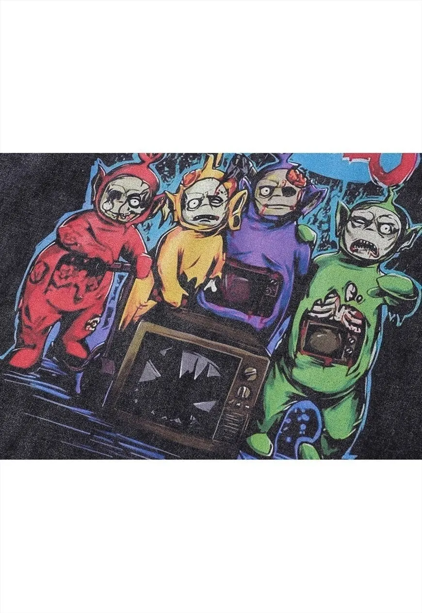 Horror cartoon t-shirt vintage wash Teletubbies top in grey