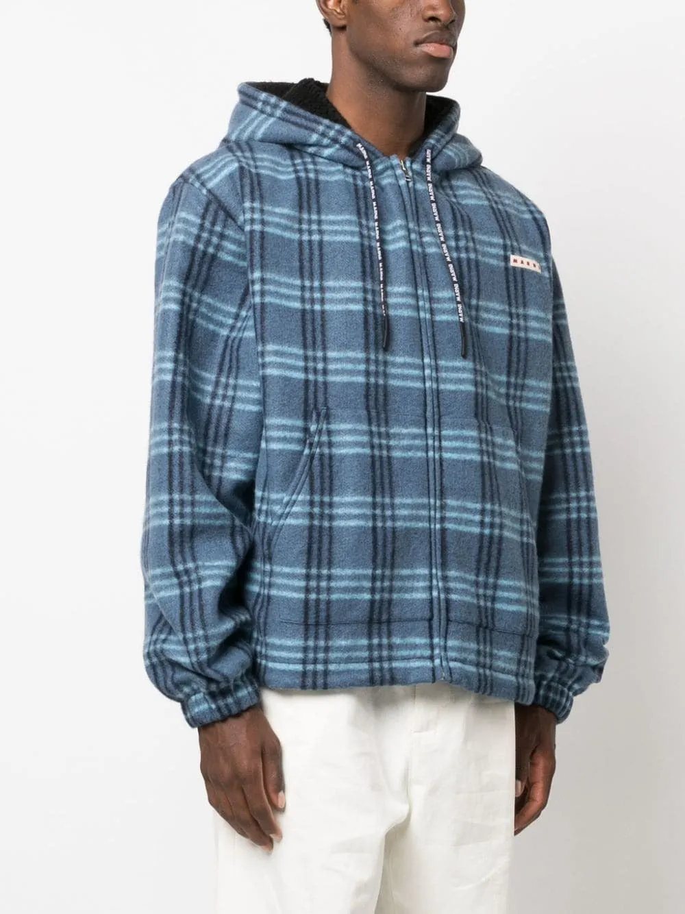 LOGO-PATCH CHECK-PRINT DRAWSTRING HOODED JACKET