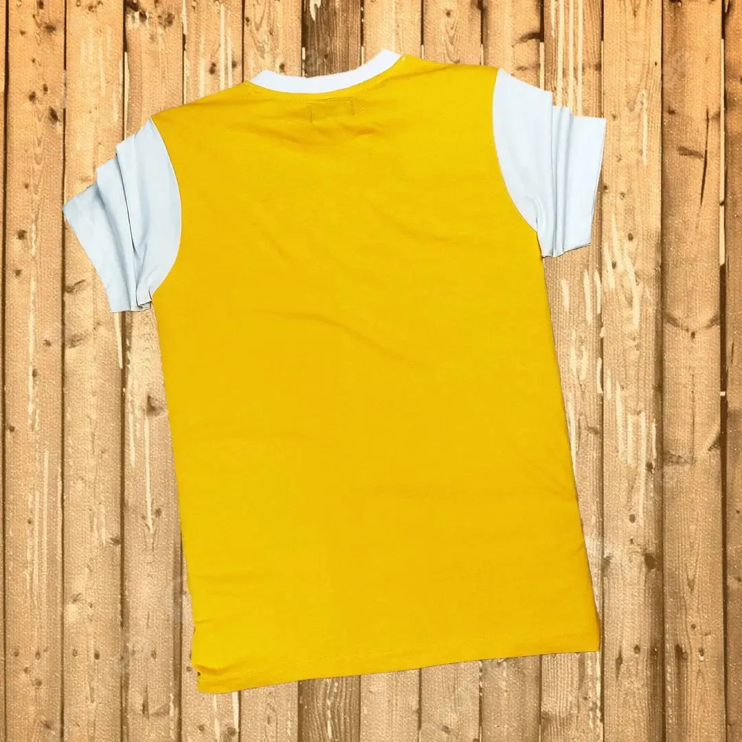New White & Yellow T-Shirt with Black Stripe