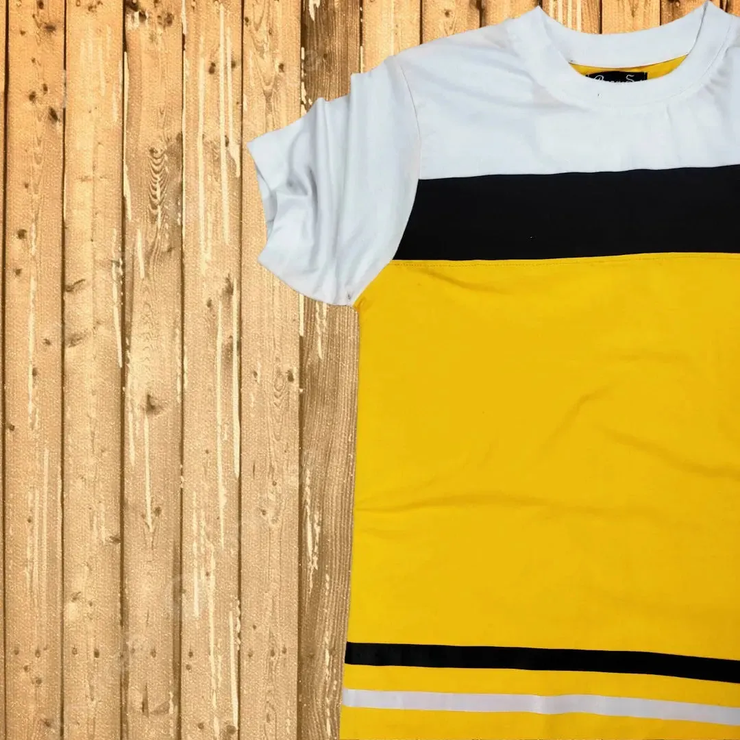 New White & Yellow T-Shirt with Black Stripe