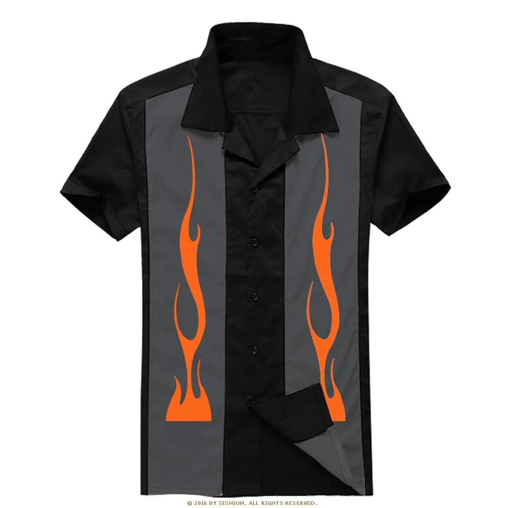 Retro Men Tops Short Sleeve Patchwork flame print punk hip-hop Vintage Black Men Shirt