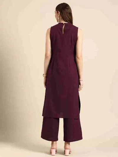 Wine Solid Rayon Casual Wear Kurti Pant Set Of 2